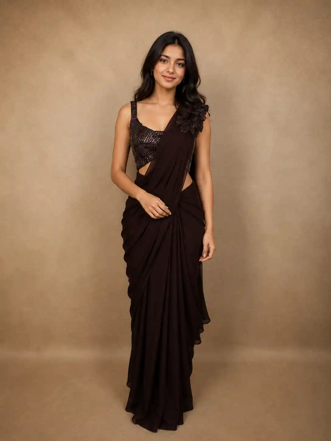 Coffee Brown Solid Design Satin Ready To Wear Lehenga with Designer Blouse