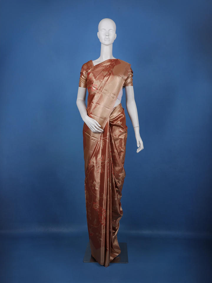 Copper Brown floral Design Tissue Saree - Diadem