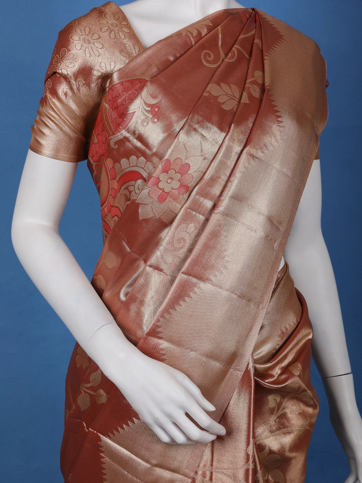 Copper Brown floral Design Tissue Saree - Diadem