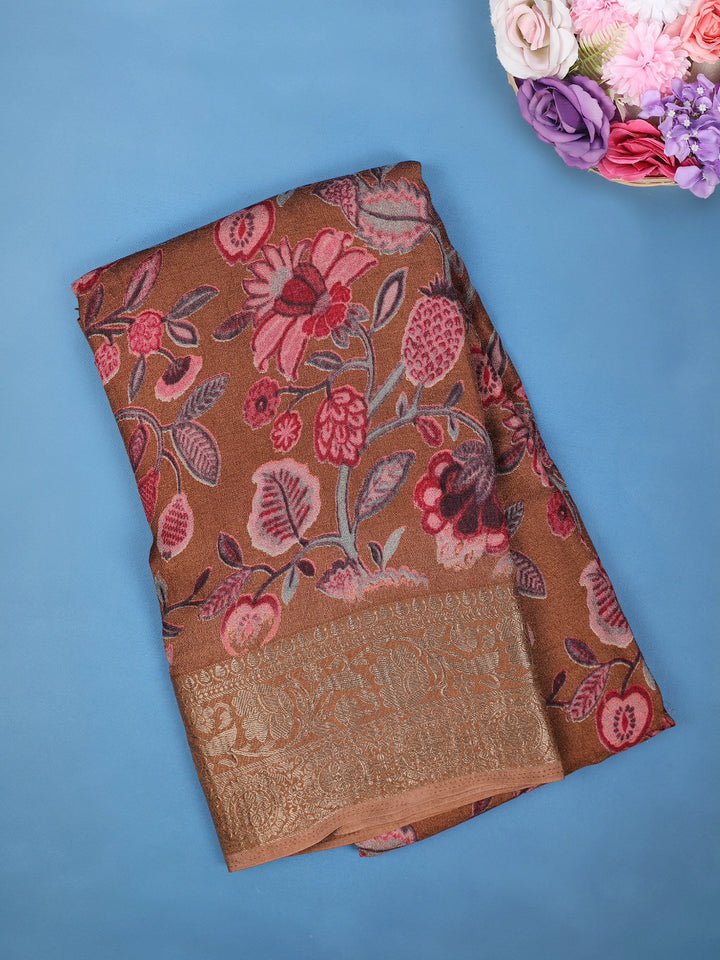 Copper Brown Floral Design Printed Cotton Saree - Diadem