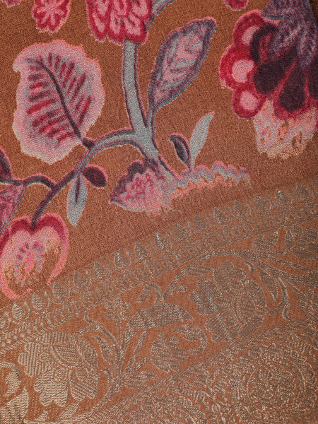 Copper Brown Floral Design Printed Cotton Saree - Diadem
