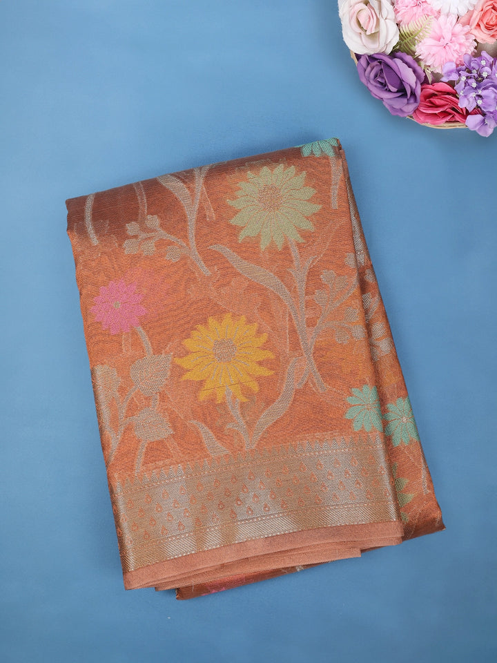 Copper Brown Floral Design Tissue Silk Saree - Diadem