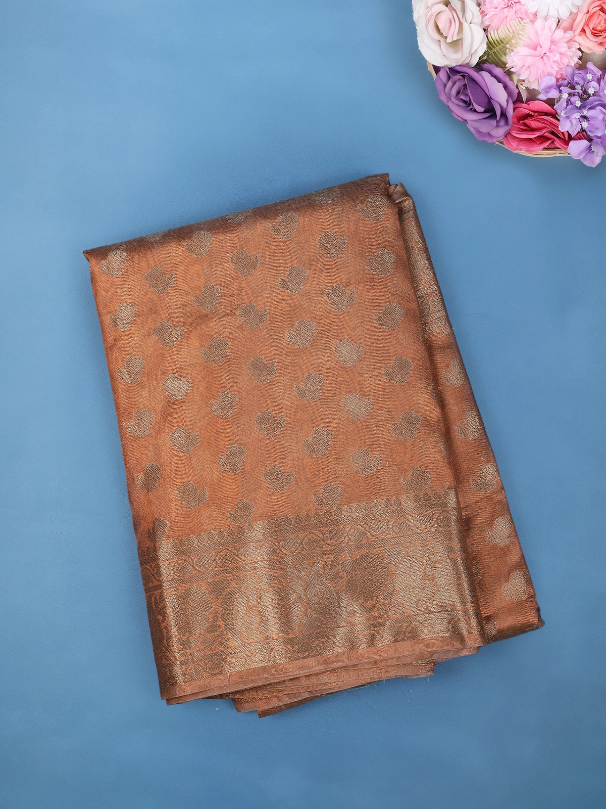 Copper Brown Floral Design Woven Tissue Silk Saree - Diadem