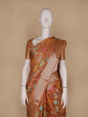 Copper Brown Floral Motifs Semi Tissue Saree - Diadem