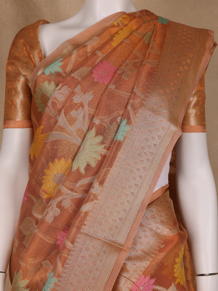 Copper Brown Floral Motifs Semi Tissue Saree - Diadem