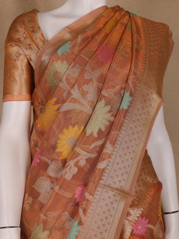 Copper Brown Floral Motifs Semi Tissue Saree - Diadem