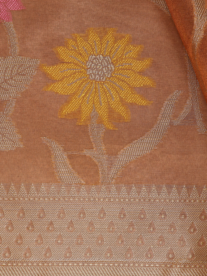 Copper Brown Floral Motifs Semi Tissue Saree - Diadem
