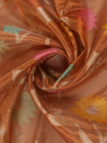 Copper Brown Floral Motifs Semi Tissue Saree - Diadem