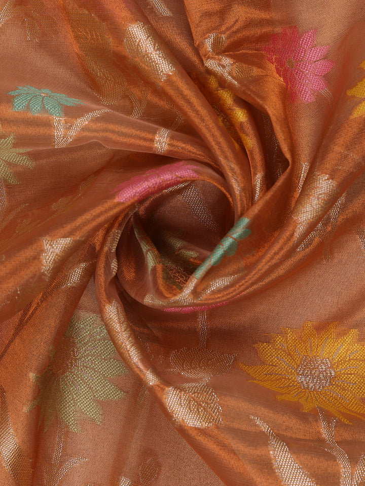 Copper Brown Floral Motifs Semi Tissue Saree - Diadem