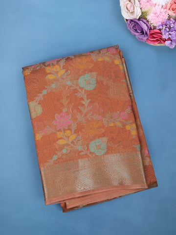 Copper Orange Floral Design Zari Work Tissue Silk Saree - Diadem