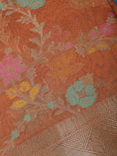 Copper Orange Floral Design Zari Work Tissue Silk Saree - Diadem