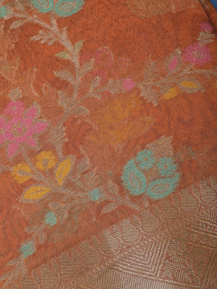 Copper Orange Floral Design Zari Work Tissue Silk Saree - Diadem