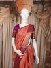 Coral Orange Checked Zari Woven Design Pure Kanchipuram Silk Saree with Contrast Floral Zari Border