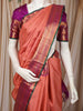 Coral Orange Checked Zari Woven Design Pure Kanchipuram Silk Saree with Contrast Floral Zari Border