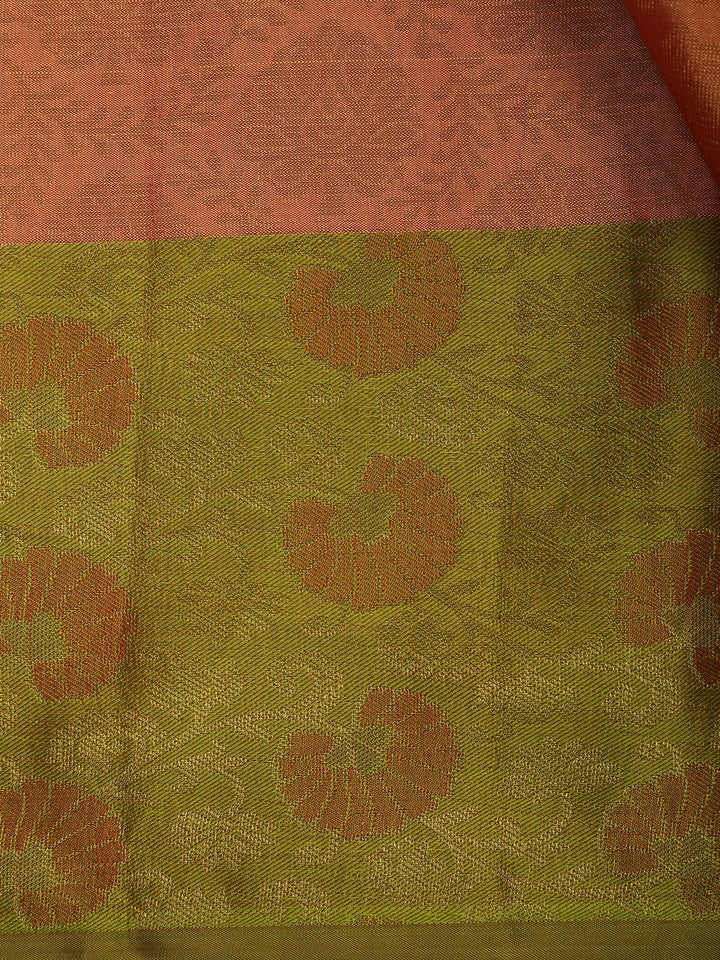 Coral Orange Floral Design Zari Woven Soft Silk Saree - Diadem