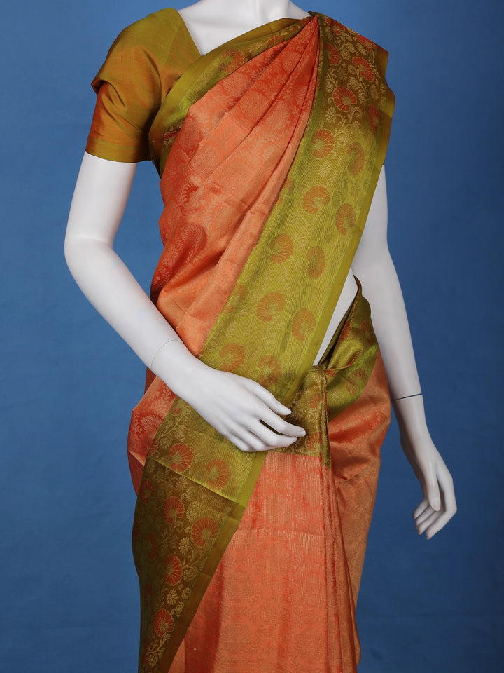 Coral Orange Floral Design Zari Woven Soft Silk Saree - Diadem