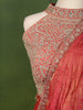 Coral Orange Solid Design Tissue Organza Ready to Wear Draped Saree with Matching Heavy Stone Embellished Halter Neck Designer Blouse