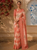 Coral Peach Floral Printed Design Pure Tussar Saree with Thread Embroidered Border