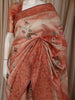 Coral Peach Floral Printed Design Pure Tussar Saree with Thread Embroidered Border