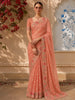 Coral Peach Floral Thread Embroidered Design Crushed Fancy Saree with Floral Border