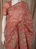 Coral Peach Floral Thread Embroidered Design Crushed Fancy Saree with Floral Border