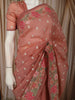 Coral Peach Floral Thread Embroidered Design Crushed Fancy Saree with Floral Border