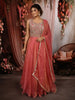 Coral Peach Floral Thread and Zari Embroidered Design Organza Lehenga with Dupatta