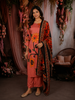 Coral Peach Floral Vine Printed Design Cotton Straight Cut Salwar Suit with Dupatta