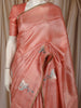 Coral Peach Flying Crane Bird Thread Embroidered Design Pure Tissue Fancy Saree with Lace Border