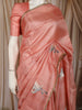 Coral Peach Flying Crane Bird Thread Embroidered Design Pure Tissue Fancy Saree with Lace Border