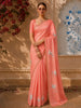 Coral Peach Flying Crane Bird Thread Embroidered Design Pure Tissue Fancy Saree with Lace Border