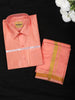 Coral Peach Solid Design Dhoti Shirt Set with Gold Zari Border