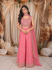 Coral Pink Floral Vine Sequins and Beads Embroidered Design Organza Party Wear Indo Western Palazzo Suit with Matching Choker Dupatta