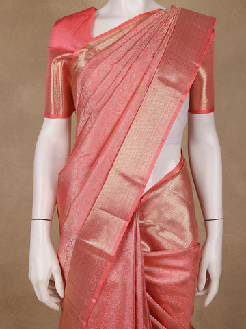 Coral Pink Floral Woven Pure Kanchipuram Silk Saree - Diadem