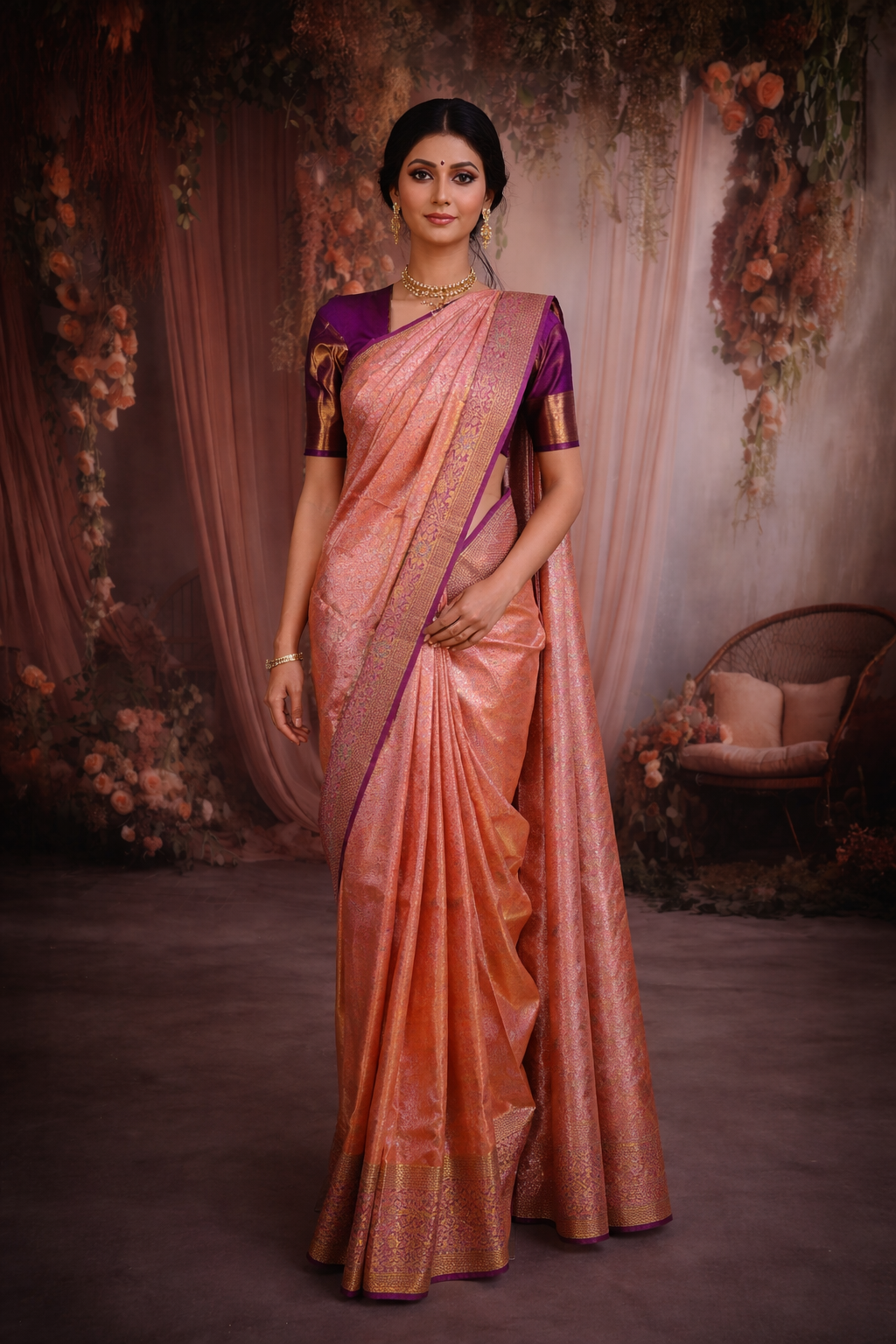 Coral Pink Floral Zari Woven Design Pure Kanchipuram Silk Saree with Contrast Zari Border