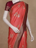 Coral Pink Floral Zari Woven Design Semi Banarasi Saree with Contrast Border