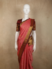Coral Pink Mini checked and Butta Zari Woven Design Pure Kanchipuram Silk Saree with Contrast  Peacock Zari Border