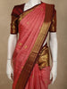 Coral Pink Mini checked and Butta Zari Woven Design Pure Kanchipuram Silk Saree with Contrast  Peacock Zari Border