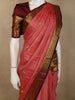 Coral Pink Mini checked and Butta Zari Woven Design Pure Kanchipuram Silk Saree with Contrast  Peacock Zari Border