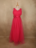 Coral Pink Pleated Design Net Party Wear Gown with Bow Waist Detail