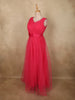 Coral Pink Pleated Design Net Party Wear Gown with Bow Waist Detail