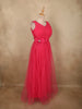Coral Pink Pleated Design Net Party Wear Gown with Bow Waist Detail