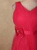 Coral Pink Pleated Design Net Party Wear Gown with Bow Waist Detail