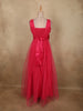 Coral Pink Pleated Design Net Party Wear Gown with Bow Waist Detail