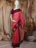 Coral Pink Striped Zari Woven Design Pure Kanchipuram Silk Saree with Contrast Peacock Butta Zari Border