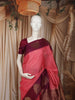 Coral Pink Striped Zari Woven Design Pure Kanchipuram Silk Saree with Contrast Peacock Butta Zari Border