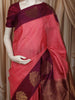 Coral Pink Striped Zari Woven Design Pure Kanchipuram Silk Saree with Contrast Peacock Butta Zari Border