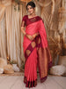 Coral Pink Striped Zari Woven Design Pure Kanchipuram Silk Saree with Contrast Peacock Butta Zari Border