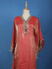 Coral Red Mirror Work Semi Silk Kaftan Suit