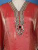 Coral Red Mirror Work Semi Silk Kaftan Suit